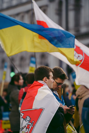 Downing Street, London | UK -  2022.03.12: Ukrainian people protest, thousands gather to demand...
