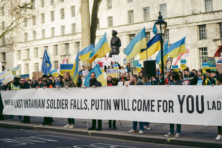 Downing Street, London | UK -  2022.03.12: Ukrainian people protest, thousands gather to demand...