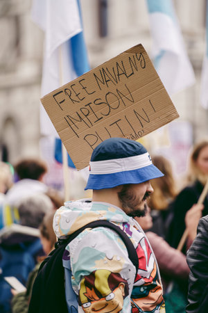 Downing Street, London | UK -  2022.03.13: Ukrainian people protest, thousands gather to demand...