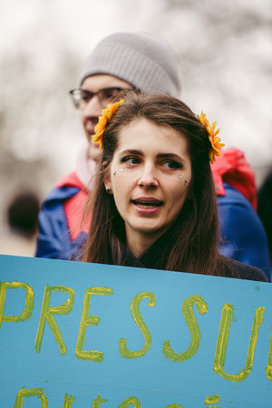 Downing Street, London | UK -  2022.03.13: Ukrainian people protest, thousands gather to demand...
