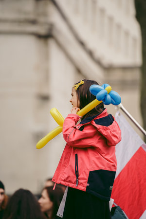 Downing Street, London | UK -  2022.03.13: Kids with flags and banners at the Ukrainian protest against the russian invasionのeditorial素材