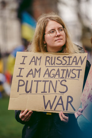 Downing Street, London | UK -  2022.03.13: Ukrainian people protest, thousands gather to demand...