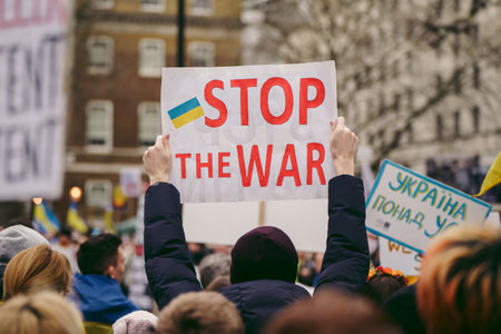 Downing Street, London | UK -  2022.03.13: Ukrainian people protest, thousands gather to demand tougher sanctions on Russia from British Government, EU and USA to stop the war in Ukraineのeditorial素材