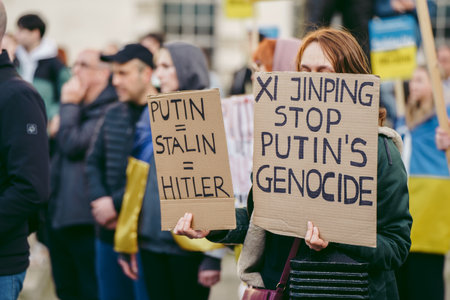 Downing Street, London | UK -  2022.03.12: Ukrainian people protest, thousands gather to demand tougher sanctions on Russia from British Government, EU and USA to stop the war in Ukraineのeditorial素材