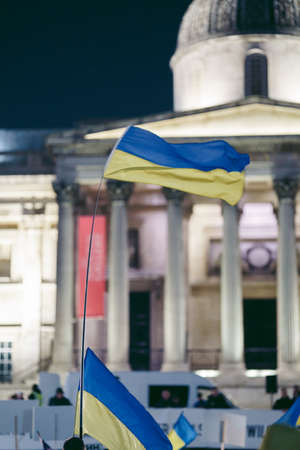 Trafalgar Square, London | UK -  2022.03.15: Ukrainian people protest, thousands gather to demand tougher sanctions on Russia from British Government, EU and USA to stop the war in Ukraineのeditorial素材