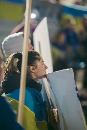 Trafalgar Square, London | UK -  2022.03.15: Ukrainian people protest, thousands gather to demand...