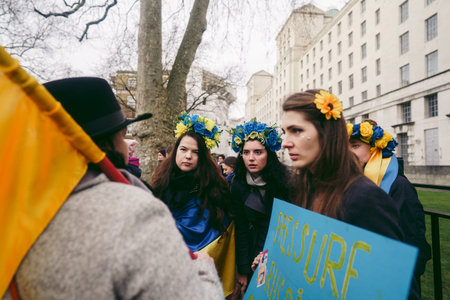 Downing Street, London | UK -  2022.03.13: Ukrainian people protest, thousands gather to demand...