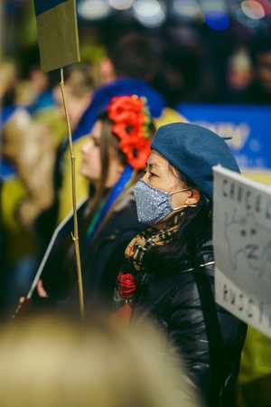 Trafalgar Square, London | UK -  2022.03.08: Ukrainian people protest, thousands gather to demand...