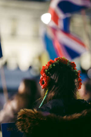 Trafalgar Square, London | UK -  2022.03.10: Ukrainian people protest, thousands gather to demand tougher sanctions on Russia from British Government, EU and USA to stop the war in Ukraineのeditorial素材