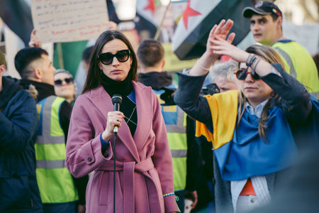 Downing Street, London | UK -  2022.03.19: Ukrainian people protest, thousands gather to demand...