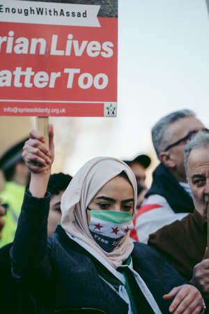 Downing Street, London | UK -  2022.03.19: Syrian and Ukrainian people protest, gather to demand tougher sanctions on Russia from British Government, EU and USA to stop the war in Ukraineのeditorial素材