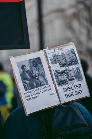 Downing Street, London | UK -  2022.03.19: Ukrainian people protest, thousands gather to demand...