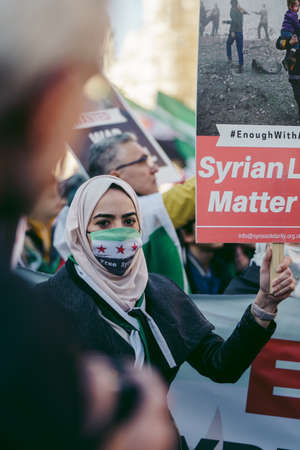 Downing Street, London | UK -  2022.03.19: Syrian and Ukrainian people protest, gather to demand tougher sanctions on Russia from British Government, EU and USA to stop the war in Ukraineのeditorial素材
