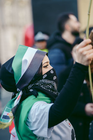 Downing Street, London | UK -  2022.03.19: Syrian and Ukrainian people protest, gather to demand...