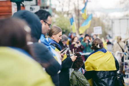 Russian embassy, London | UK -  2022.04.07: Ukrainian people protest, thousands gather to demand...