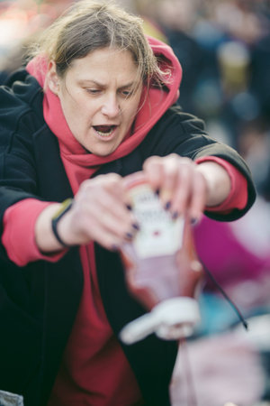 Russian embassy, London | UK -  2022.04.07: Ukrainian people protest, thousands gather to demand...