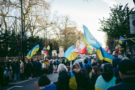 Russian embassy, London | UK -  2022.04.07: Ukrainian people protest, thousands gather to demand...