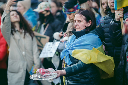 Russian embassy, London | UK -  2022.04.07: Ukrainian people protest, thousands gather to demand...