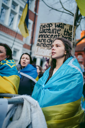 Russian embassy, London | UK -  2022.04.07: Ukrainian people protest, thousands gather to demand...