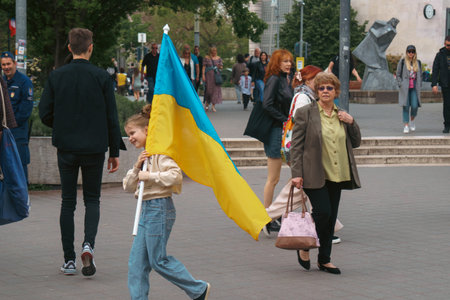 Budapest | Hungary - 2022.03.08: People going to Ukrainian Protest agains russia invasion of Ukraine.のeditorial素材