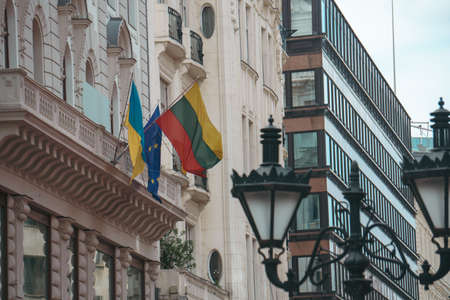 Budapest | Hungary - 2022.03.08: Ukrainian flags on the buildings of central Budapestのeditorial素材