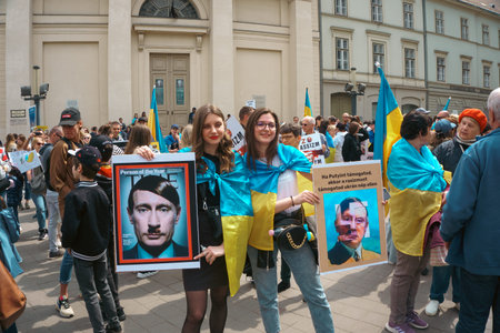 Budapest | Hungary - 2022.03.08: People with flags in Budapest gather to support Ukrainians and stop the war started by russiaのeditorial素材