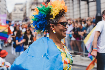 London / UK - 02/07/2022: People with Ukrainian flags and banners celebrating London LGBTQ Pride Paradeのeditorial素材