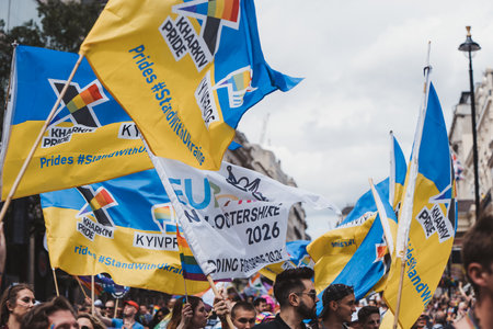 London / UK - 02/07/2022: Ukrainian people with flags and banners celebrating London LGBTQ Pride Paradeのeditorial素材