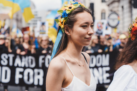 London / UK - 02/07/2022: Ukrainian people with flags and banners celebrating London LGBTQ Pride Paradeのeditorial素材