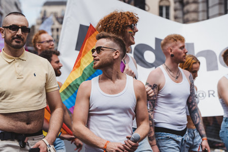 London / UK - 02/07/2022: People with flags and banners celebrating London LGBTQ Pride Paradeのeditorial素材