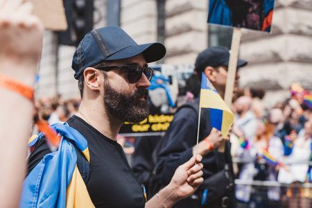 London / UK - 02/07/2022: Ukrainian people with flags and banners celebrating London LGBTQ Pride Paradeのeditorial素材