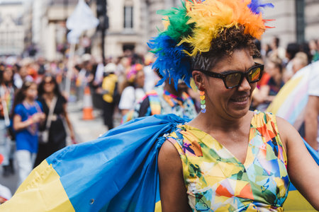London / UK - 02/07/2022: People with Ukrainian flags and banners celebrating London LGBTQ Pride Paradeのeditorial素材