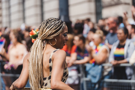 London / UK - 02/07/2022: People with flags and banners celebrating London LGBTQ Pride Paradeのeditorial素材