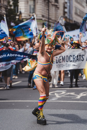 London / UK - 02/07/2022: Democrats abroad with flags and banners celebrating London LGBTQ Pride Paradeのeditorial素材