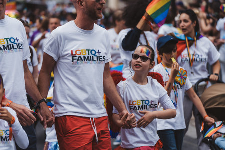 London / UK - 02/07/2022: LGBTQ+ families with flags and banners celebrating London LGBTQ Pride Paradeのeditorial素材