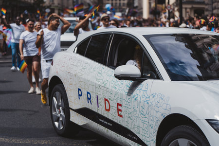 London / UK - 02/07/2022: Jaguar Company with flags and banners celebrating London LGBTQ Pride Paradeのeditorial素材