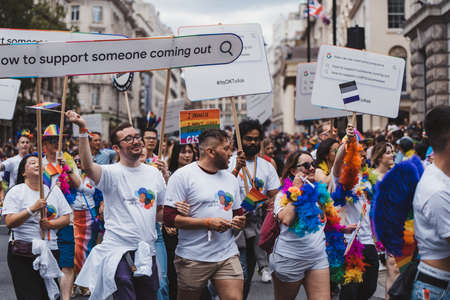 London / UK - 02/07/2022: Google employees with flags and banners celebrating London LGBTQ Pride Paradeのeditorial素材