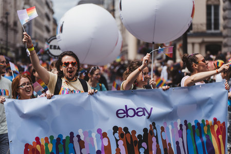 London / UK - 02/07/2022: EBAY employees with flags and banners celebrating London LGBTQ Pride...