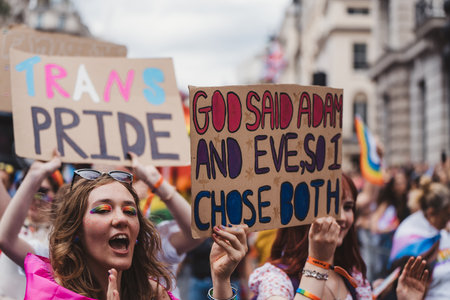 London / UK - 02/07/2022: People with flags and banners celebrating London LGBTQ Pride Paradeのeditorial素材