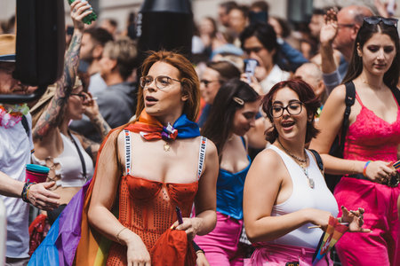London / UK - 02/07/2022: People with flags and banners celebrating London LGBTQ Pride Paradeのeditorial素材