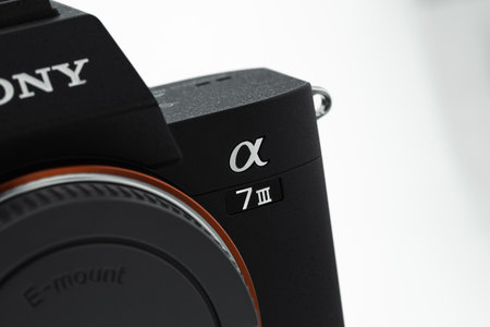 London, United Kingdom - 2023.02.28: Closeup product photo of Sony a7iii camera with white backgroundのeditorial素材