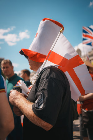 Trafalgar Square, London - UK - 2024.07.27: People with British flags are gathering at the March for Freedom, March for Britainのeditorial素材