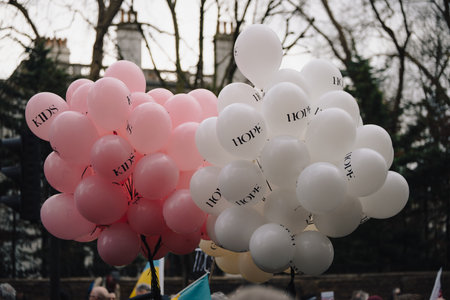 London - UK - 2025.02.22: Supporters at demonstration marking the third anniversary of Russias full-scale invasion of Ukraineの写真素材