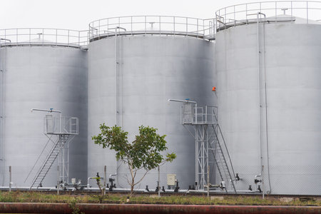 A series of large industrial storage tanks with ladders and piping positioned beside each other,...