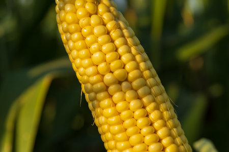 This close-up view of a corn cob reveals plump yellow kernels highlighted by bright sunlight, illustrating the beauty of late summer agriculture in a lush field.の写真素材