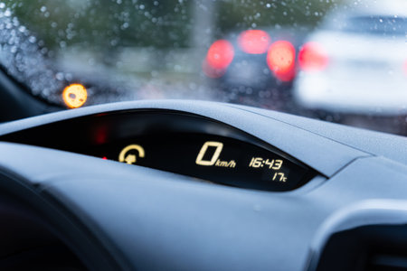 A car's dashboard features a speedometer reading zero while displaying the current time and temperature. Rain droplets are evident on the windshield, indicating wet weather.の写真素材