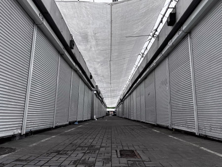 The empty market features countless closed stalls, their shutters down, as a soft light filters through the canopy above in the peaceful morning air.の写真素材