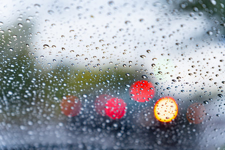 Raindrops cling to a car windshield, distorting the view of bright red and yellow lights from vehicles moving in the rainy city. The atmosphere feels moody and reflective.の写真素材