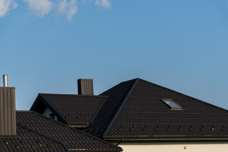 Two contemporary rooftops showcase dark shingles and a skylight against a vivid blue sky, reflecting a tranquil afternoon ambiance in a suburban setting.の写真素材