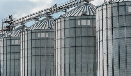 Modern steel agricultural grain granary silos. Import grains, wheat, corn, soy. Agribusiness.の写真素材